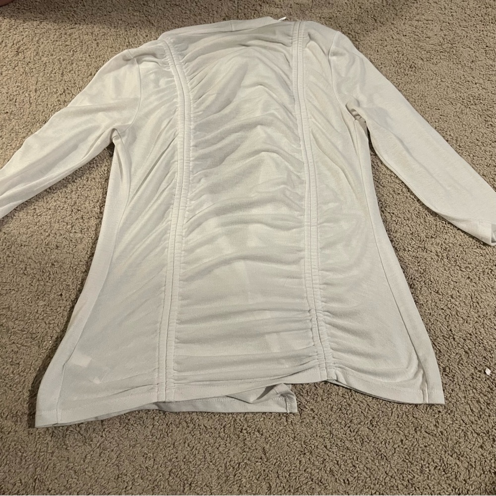 Cupio White Ruched Open Front Cardigan M Waterfall Drape Minimalist classic - Picture 3 of 3